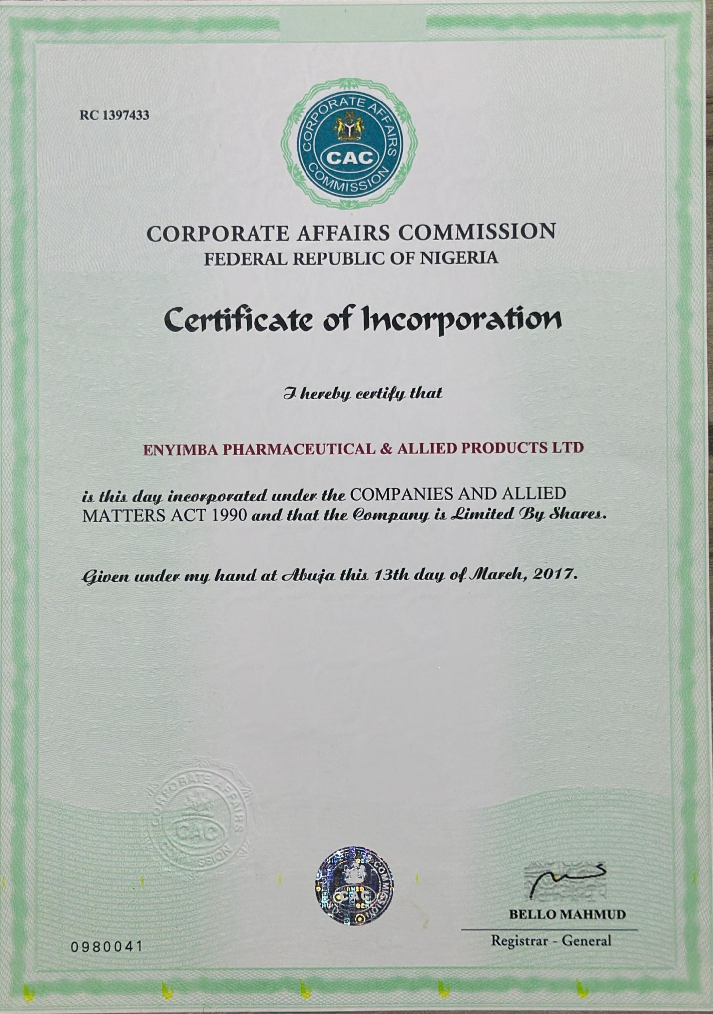 Eynimba Pharmaceutical and Allied Products Ltd Corporate Affairs Commission Certificate of Incorporation